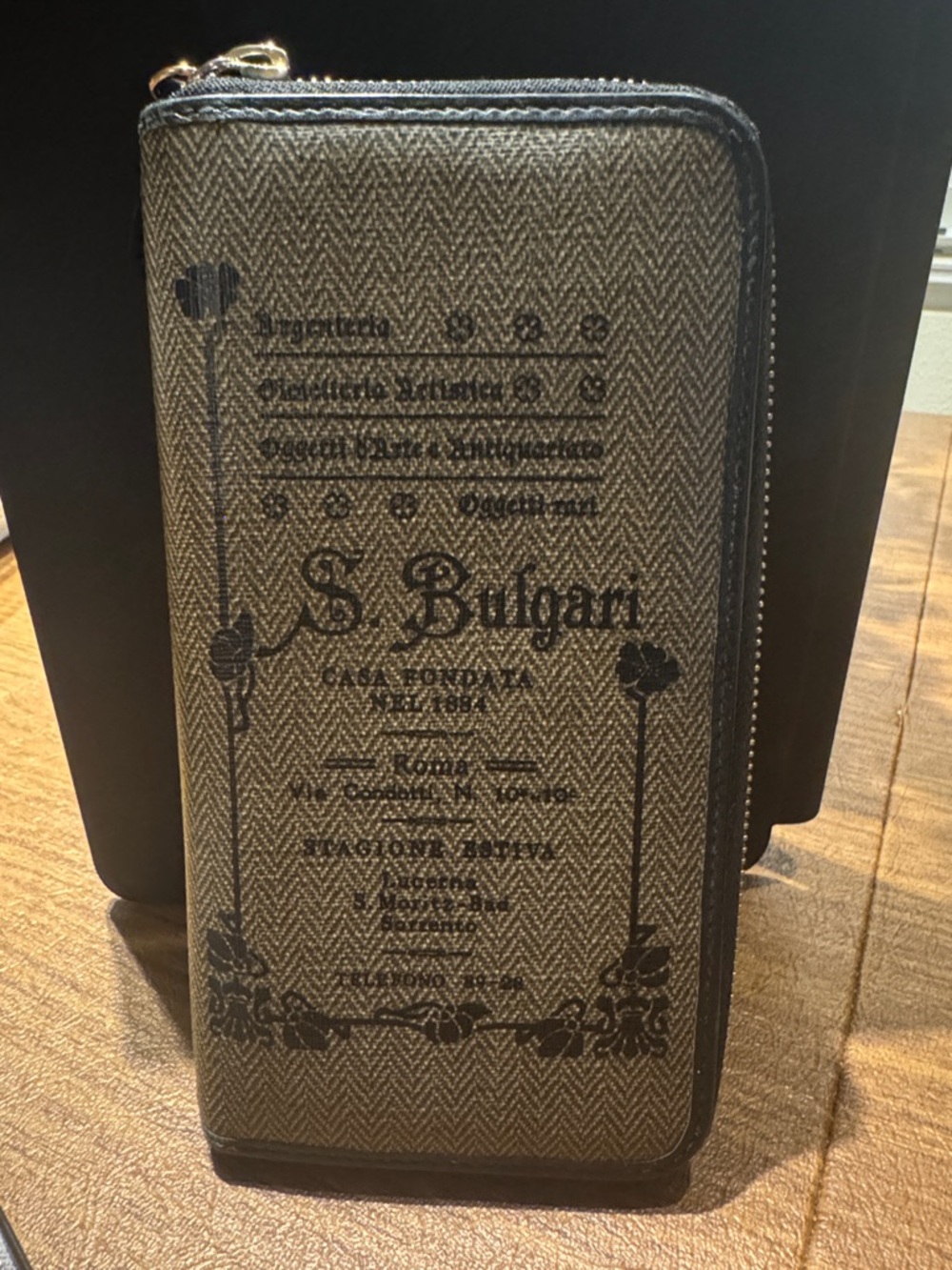 Bulgari Olive Herringbone Zip-Around Wallet with Black Print